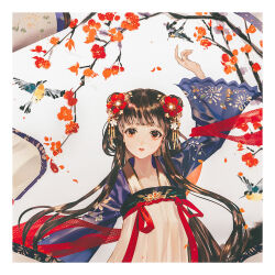 Rule 34 | 1girl, arm up, bird, black hair, branch, brown eyes, brown hair, chinese clothes, double bun, flower, hair bun, hair flower, hair ornament, hanfu, long hair, long sleeves, looking at viewer, original, parted lips, qixiong ruqun, red flower, red ribbon, ribbon, ruqun, say hana, single hair bun, solo, tassel, upper body, very long hair, white background, wide sleeves