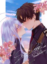 Rule 34 | 1boy, 1girl, 86 -eightysix-, antenna hair, artist name, black shirt, blue sky, blush, brown hair, character name, collar, commentary request, couple, day, eye contact, flower, from side, grey eyes, grey hair, grey jacket, hair between eyes, hetero, highres, holding hands, imminent kiss, jacket, jewelry, long hair, looking at another, military, military uniform, necktie, parted lips, pink flower, red eyes, red necktie, scar, scar on neck, shanabi0610, shinei nouzen, shirt, sidelocks, sky, standing, twitter username, uniform, vladilena millize