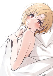 Rule 34 | 1girl, aiba yumi, bed sheet, blonde hair, blush, brown eyes, commission, fpanda, hair between eyes, highres, idolmaster, idolmaster cinderella girls, index finger raised, looking at viewer, lying, nude, on back, pillow, short hair, simple background, skeb commission, solo, under covers, upper body, white background