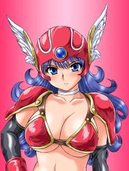 Rule 34 | 1girl, armor, bikini armor, blue eyes, blue hair, breasts, choker, chunsoft, cleavage, dragon quest, dragon quest iii, elbow gloves, enix, gloves, helmet, large breasts, long hair, matching hair/eyes, purple hair, red armor, shoulder pads, soldier (dq3), solo, square enix, toushi ryoku, underboob, upper body, winged helmet