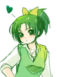 Rule 34 | 10s, 1girl, green eyes, green hair, green sweater vest, heart, kamabo ko, lowres, matching hair/eyes, midorikawa nao, ponytail, pout, precure, school uniform, sketch, sleeves rolled up, smile precure!, solo, sweater vest, white background