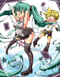Rule 34 | 1boy, 1girl, armpits, arms up, belt, black skirt, blush, boots, detached sleeves, green eyes, green hair, hatsune miku, kagamine len, long hair, microskirt, necktie, no panties, one eye closed, open mouth, panties, panty pull, pleated skirt, poruneko, shorts, skirt, striped clothes, striped panties, striped skirt, thigh boots, thighhighs, twintails, underwear, very long hair, vocaloid, wink