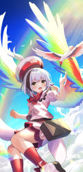 Rule 34 | 1girl, absurdres, animal, bird, black hair, blue sky, bow, brown eyes, collar, commentary request, day, hat, highres, hollow song of birds, huge filesize, multicolored hair, multicolored wings, outdoors, pink skirt, rainbow, rainbow gradient, rainbow wings, shirt, shoes, short hair, short sleeves, skirt, sky, smile, torisumi horou, white footwear, white hair, wings, yuujin (yuzinn333)