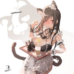 Rule 34 | 1girl, absurdres, animal ears, apron, blush, breast rest, breasts, candle, carried breast rest, carrying, cat, cat ears, cat tail, dm (dai miao), frills, highres, large breasts, maid, maid apron, maid headdress, original, red eyes, tail, thighs, tray, white legwear