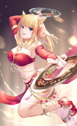 Rule 34 | 1girl, animal ears, bandeau, blonde hair, breasts, cat ears, chakram, cleavage, dancer, dancer (final fantasy), detached sleeves, facial mark, final fantasy, final fantasy xiv, hair ribbon, highres, holding, holding weapon, jewelry, large breasts, loincloth, long hair, looking at viewer, miqo&#039;te, ponytail, purple eyes, red footwear, revealing clothes, ribbon, sebu illust, warrior of light (ff14), weapon