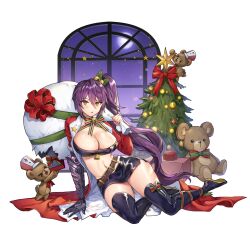 Rule 34 | 1girl, alternate costume, arm support, artist request, asymmetrical sleeves, bell, black footwear, boots, bow, breasts, christmas ornaments, christmas tree, cleavage, final gear, footwear bow, full body, full moon, green ribbon, hair ornament, hat, high ponytail, highres, hip bones, holding, holding sack, jingle bell, large breasts, light blush, long hair, long sleeves, looking to the side, mechanical arms, midriff, mismatched sleeves, moon, multicolored hair, navel, neck ribbon, official art, on floor, one eye closed, open mouth, puffy sleeve cuffs, red ribbon, ribbon, sack, short sleeves, side ponytail, side slit, simple background, single mechanical arm, sitting, sleeve cuffs, solid circle eyes, solo, star ornament, stuffed animal, stuffed toy, sumora (final gear), tachi-e, teddy bear, thigh boots, third-party source, torn sack, transparent background, two-tone hat, v-shaped eyebrows, very long hair, white sleeve cuffs, window