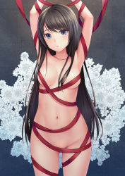 Rule 34 | 1girl, areola slip, armpits, arms up, black hair, blue eyes, blush, breasts, collarbone, covered erect nipples, cowboy shot, floral background, flower, highres, hip focus, long hair, looking at viewer, medium breasts, n.g., naked ribbon, navel, original, parted lips, red ribbon, ribbon, sidelocks, solo, swept bangs, thighs, very long hair, white flower