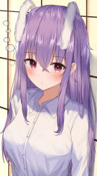 Rule 34 | 1girl, absurdres, animal ears, aohane, bad id, bad pixiv id, blush, breasts, bubble, closed mouth, collared shirt, commentary request, crossed bangs, extra ears, hair between eyes, highres, large breasts, long hair, long sleeves, looking at viewer, purple eyes, purple hair, rabbit ears, reisen udongein inaba, revision, shirt, solo, squeans, standing, touhou, upper body, wall, white shirt, wing collar