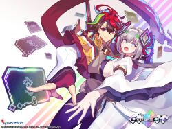 1boy 1girl ancie black_hair breasts card card-en-ciel copyright_name cowboy_shot dress green_hair grey_hair grey_shirt highres holding holding_card large_breasts long_hair multicolored_eyes neon_(card-en-ciel) official_art otsu_yusuke purple_eyes rainbow_eyes red_hair shirt short_hair sword weapon white_dress