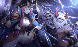 Rule 34 | 1boy, 2girls, asterios (fate), blue eyes, blush, boots, breasts, brown footwear, cleavage, euryale (fate), fate/grand order, fate (series), francis drake (fate), gun, highres, holding, holding gun, holding weapon, horns, kiyo (chaoschyan), knee boots, large breasts, long hair, multiple girls, muscular, pantyhose, parted lips, pink hair, pirate, pirate ship, purple hair, rain, scar, short hair, smile, twintails, weapon, white hair, white legwear