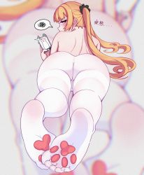 Rule 34 | 1girl, ass, bad id, bad pixiv id, bare back, bare shoulders, blonde hair, cellphone, cleft of venus, feet, foot focus, from behind, heart, heart-shaped pupils, heart in eye, highres, kneepits, legs, long hair, looking back, lying, no panties, on stomach, original, pantyhose, pawpads, phone, pink eyes, pussy, see-through, smartphone, soles, solo, symbol-shaped pupils, symbol in eye, taking picture, thighband pantyhose, thighs, toes, topless, twintails, white pantyhose, yao (pixiv9482697)