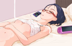 Rule 34 | 1girl, blue hair, bottomless, breasts, cellphone, glasses, handheld game console, lying, on back, original, phone, playstation portable, playstation vita, red-framed eyewear, short hair, simple background, sleeping, small breasts, smartphone, solo, solvalou, tank top, underboob