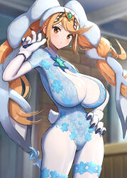 Rule 34 | 1girl, absurdres, alternate costume, alternate hairstyle, animal costume, animal ears, animal hands, blonde hair, blush, bodysuit, braid, breasts, chest jewel, commentary request, cosplay, dahlia (xenoblade), dahlia (xenoblade) (cosplay), earrings, fake tail, gonzarez, highres, huge breasts, jewelry, long hair, looking at viewer, mythra (xenoblade), open mouth, rabbit costume, rabbit ears, rabbit tail, simple background, smile, solo, swept bangs, tail, twin braids, very long hair, white background, white bodysuit, xenoblade chronicles (series), xenoblade chronicles 2, yellow eyes
