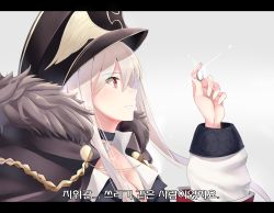Rule 34 | 1girl, blush, breasts, choker, cleavage, cross, fur trim, g41 (girls&#039; frontline), german clothes, girls&#039; frontline, hat, highres, i.f.s.f, iron cross, jacket, jewelry, kar98k (girls&#039; frontline), korean text, letterboxed, long hair, red eyes, ring, silver hair, smile, solo, translation request, wedding band