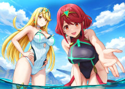 Rule 34 | bare shoulders, black one-piece swimsuit, blonde hair, blush, breasts, chest jewel, cleavage, competition swimsuit, covered navel, earrings, highleg, highleg swimsuit, highres, jewelry, large breasts, long hair, looking at viewer, mythra (radiant beach) (xenoblade), mythra (xenoblade), one-piece swimsuit, open mouth, pyra (pro swimmer) (xenoblade), pyra (xenoblade), red eyes, red hair, red one-piece swimsuit, short hair, shouhei, smile, striped clothes, striped one-piece swimsuit, swept bangs, swimsuit, thighs, tiara, two-tone swimsuit, vertical-striped clothes, vertical-striped one-piece swimsuit, white one-piece swimsuit, xenoblade chronicles (series), xenoblade chronicles 2, yellow eyes