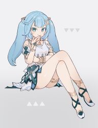 Rule 34 | 1girl, absurdres, blue eyes, blue hair, blue nails, blush, closed mouth, crossed legs, dress, faruzan (genshin impact), full body, genshin impact, green eyes, grey background, hair ornament, hairclip, highres, light blue hair, long hair, multicolored eyes, off-shoulder dress, off shoulder, origami gyokuo, solo, triangle, twintails, white dress