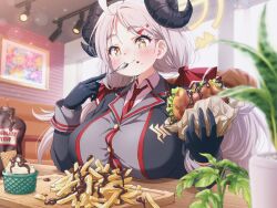 Rule 34 | + +, 1girl, ahoge, black gloves, blue archive, blush, breasts, burger, button gap, chocolate syrup, closed mouth, commentary, demon girl, demon horns, eating, food, gloves, grey hair, hair between eyes, hair ornament, hairclip, halo, highres, holding, holding food, holding spoon, horns, huge breasts, ice cream, izumi (blue archive), long hair, looking at viewer, plant, potted plant, smile, solo, spoon, tayuura (kuwo), twintails, upper body, yellow eyes