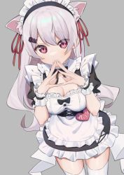 Rule 34 | 1girl, :3, alternate costume, animal ear fluff, animal ears, apron, black bow, black bowtie, black dress, blush, bow, bowtie, breasts, cat ears, cleavage, cleavage cutout, clothing cutout, commentary request, dress, enmaided, fingernails, frilled skirt, frills, hair ornament, hair ribbon, hairpin, kemonomimi mode, long hair, looking at viewer, maid, maid apron, maid headdress, medium breasts, nail polish, nijisanji, pink hair, pink nails, puffy short sleeves, puffy sleeves, red eyes, red ribbon, ribbon, shiina yuika, shiina yuika (5th costume), short sleeves, sidelocks, skirt, solo, standing, steepled fingers, syhan, thighhighs, virtual youtuber, white apron, white skirt, white thighhighs, wrist cuffs