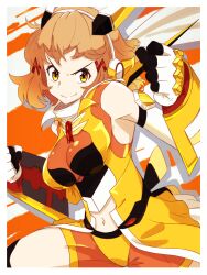 Rule 34 | 1girl, absurdres, bodysuit, breasts, brown hair, clenched hands, closed mouth, clothing cutout, commentary, gauntlets, gloves, hair ornament, hairclip, headgear, highres, looking at viewer, magical girl, medium breasts, navel, navel cutout, orange bodysuit, orange eyes, oritako, senki zesshou symphogear, short hair, sleeveless, sleeveless bodysuit, smile, solo, standing, tachibana hibiki (symphogear), v-shaped eyebrows, white gloves
