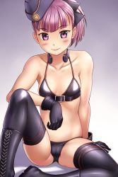 Rule 34 | 1girl, bikini, black bikini, black gloves, black thighhighs, blush, boots, cowboy shot, cross-laced footwear, fate/grand order, fate (series), finalcake, flat chest, garrison cap, gloves, gradient background, hat, helena blavatsky (fate), helena blavatsky (swimsuit archer) (fate), helena blavatsky (swimsuit archer) (third ascension) (fate), highres, lace-up boots, looking at viewer, ponytail, purple eyes, purple hair, short hair, solo, swimsuit, thighhighs