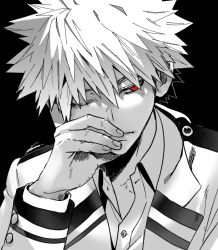 Rule 34 | 1boy, bakugou katsuki, black background, boku no hero academia, collared shirt, greyscale, hand on own face, head rest, lapels, looking to the side, male focus, monochrome, one eye closed, open collar, portrait, red eyes, school uniform, serious, shirt, shoco (sco labo), short hair, solo, spiked hair, spot color