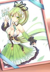 Rule 34 | 1girl, absurdres, armpits, bare shoulders, blush, breasts, cleavage, cleavage cutout, clothing cutout, detached sleeves, elf, elsword, flower, green eyes, green hair, haiumore, highres, large breasts, long hair, looking at viewer, photo (object), picture frame, pointy ears, ponytail, rena erindel, sideboob, skirt, smile, solo, very long hair, wind sneaker (elsword)