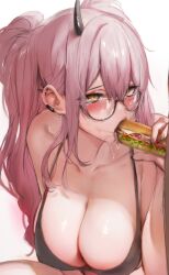 Rule 34 | 1boy, 1girl, absurdres, blush, bra, bread, breasts, character request, cleavage, collarbone, dokuro deluxe, ear piercing, food, glasses, highres, horns, large breasts, lettuce, licking, long hair, maru ccy, original, piercing, pink hair, saliva, sandwich, sexually suggestive, single horn, solo focus, sweat, tomato, underwear, yellow eyes