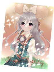 Rule 34 | 1girl, animal ears, blush, bow, bowtie, brooch, dress, fake animal ears, grass, grey hair, hair between eyes, hair bow, hairband, happy birthday, idolmaster, idolmaster cinderella girls, idolmaster cinderella girls starlight stage, jewelry, kanzaki ranko, long hair, looking at viewer, mouse ears, pink eyes, plaid, plaid dress, short sleeves, smile, solo, sparkle, upper body, wrist cuffs, yo ranko0408