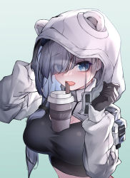 Rule 34 | 1girl, absurdres, animal ears, arknights, aurora (arknights), bear ears, black gloves, blue background, blue eyes, blush, breasts, bubble tea challenge, cup, disposable cup, ears through headwear, eyes visible through hair, gloves, gradient background, hair over one eye, hair over shoulder, hands up, highres, hood, hood up, large breasts, long hair, long sleeves, looking at viewer, open mouth, qinshi-ji, saliva, shrug (clothing), silver hair, solo, sports bra, tongue, tongue out, upper body