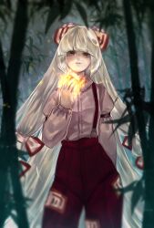 Rule 34 | 1girl, absurdly long hair, bamboo, bamboo forest, blurry, bow, collared shirt, depth of field, dress shirt, feet out of frame, fire, forest, fujiwara no mokou, hair bow, highres, juliet sleeves, long hair, long sleeves, nature, outdoors, pants, puffy sleeves, red eyes, red pants, shirt, solo, standing, suspenders, touhou, very long hair, white hair, yatsuga (kouahey dierci)
