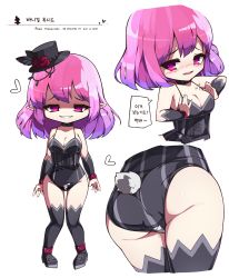 Rule 34 | 1girl, absurdres, animal costume, ass, black footwear, black hat, black thighhighs, blush, breasts, breasts squeezed together, choker, christiana (manager i c), cleavage, elf, flower, full body, furrowed brow, hair between eyes, hat, hat feather, hat flower, heart, highres, korean text, large breasts, lucid (maplestory), maplestory, multicolored hair, open mouth, pink eyes, pink hair, pointy ears, purple hair, rabbit costume, rabbit tail, rose, sleeveless, smile, solo, teeth, thighhighs, tilted hat, two-tone hair, upper teeth only