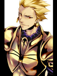Rule 34 | 1boy, armor, bad id, bad pixiv id, blonde hair, earrings, fate/stay night, fate/zero, fate (series), gilgamesh (fate), jewelry, letterboxed, male focus, portrait, s gentian, smile, solo, yellow eyes