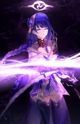 Rule 34 | 1girl, armor, braid, breasts, cleavage, closed mouth, commentary request, electricity, flower, genshin impact, hair ornament, japanese clothes, kimono, large breasts, long hair, long sleeves, looking at viewer, mitsudomoe (shape), mole, mole under eye, purple eyes, purple flower, purple hair, raiden shogun, ribbon, sayuumigi, shoulder armor, solo, sword, tassel, thighhighs, tomoe (symbol), weapon, wide sleeves