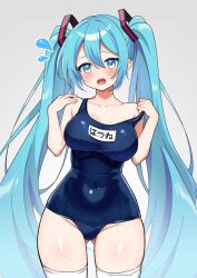 1girl aqua_eyes aqua_hair bare_arms bare_shoulders blue_eyes blush breasts collarbone covered_navel cowboy_shot embarrassed flying_sweatdrops gluteal_fold groin hair_between_eyes hair_ornament hand_on_own_shoulder hatsune_miku large_breasts long_hair looking_at_viewer open_mouth shiny_skin sidelocks simple_background solo strap_pull swimsuit thighhighs torinokawori twintails twitter_username vocaloid white_thighhighs