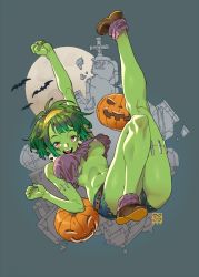 Rule 34 | breasts, colored skin, commentary, denim, denim shorts, earrings, english commentary, green hair, green skin, highres, jack-o&#039;-lantern, jewelry, leg up, looking at viewer, medium breasts, monster girl, nipples, open mouth, pink eyes, poch4n, rottytops, shantae (series), shantae and the pirate&#039;s curse, short shorts, shorts, skull earrings, smile, third-party edit, underboob, zombie