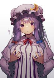 Rule 34 | 1girl, absurdres, blue bow, bow, breast hold, breasts, crescent, crescent pin, dress, hair bow, hat, highres, large breasts, long sleeves, looking at viewer, mamemochi, mob cap, multiple bows, open mouth, patchouli knowledge, purple dress, purple eyes, purple hair, purple hat, red bow, sidelocks, simple background, solo, striped clothes, striped dress, touhou, upper body, white background, wide sleeves