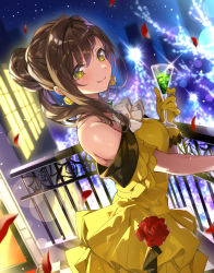 Rule 34 | 1girl, bare shoulders, brown hair, closed mouth, cup, dress, drink, earrings, falling petals, flower, frilled dress, frills, from side, gloves, green eyes, hair between eyes, hair up, highres, holding, holding cup, holding drink, jewelry, looking at viewer, mahou shoujo madoka magica, night, night sky, original, outdoors, party, petals, railing, rose, senri gan, sky, smile, updo, yellow dress, yellow gloves