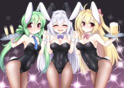 Rule 34 | 3girls, absurdres, alternate costume, animal ears, azur lane, black leotard, blonde hair, blue neckwear, bow, bowtie, braid, braided bun, breasts, brown legwear, cleavage, comet (azur lane), covered navel, crescent (azur lane), cygnet (azur lane), detached collar, drink, closed eyes, fake animal ears, fake tail, glasses, green hair, hair bun, hair ornament, highres, holding, holding hands, holding tray, huge filesize, kinomiki nobori, large breasts, leotard, light, long hair, medium breasts, multiple girls, neck ribbon, necktie, open mouth, pantyhose, playboy bunny, purple neckwear, rabbit ears, rabbit tail, red eyes, red neckwear, ribbon, siblings, single hair bun, sisters, small breasts, smile, strapless, strapless leotard, tail, tray, twintails, two side up, white hair, wing collar, wrist cuffs