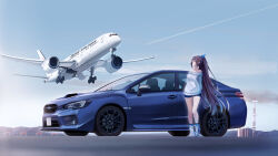 Rule 34 | 1girl, absurdres, adidas, adidas forum, aircraft, airplane, airport, black hair, blue eyes, blue hair, blue socks, breasts, car, cloud, colored tips, commentary, commission, hair behind ear, highres, japan airlines, landing, landing gear, long hair, looking up, medium breasts, motor vehicle, multicolored hair, off-shoulder sweater, off shoulder, original, outdoors, png pant (bus), shoes, short shorts, shorts, skeb commission, sky, smoke, sneakers, socks, standing, subaru (brand), subaru impreza, sweater, vehicle focus, very long hair, white sweater, wide shot