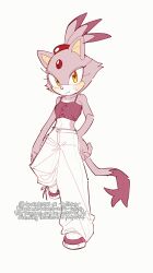 Rule 34 | 1girl, animal ears, artist name, baggy pants, bare shoulders, blaze the cat, blush, breasts, brown eyes, buttons, cat ears, cat girl, cat tail, closed mouth, collarbone, eyelashes, forehead jewel, full body, furry, furry female, gem, hand on own hip, highres, leg up, looking at viewer, medium breasts, pants, purple footwear, purple fur, purple shirt, red gemstone, shirt, shoes, simple background, sleeveless, sleeveless shirt, sneakers, solo, sonic (series), standing, standing on one leg, sucho, sweat, sweatdrop, t-shirt, tail, watermark, white background, white pants