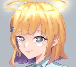 Rule 34 | 1girl, blonde hair, blue shirt, collared shirt, colored inner hair, glowing, grey eyes, halo, hololive, hololive english, ink (inkink404), jenma-chan, looking at viewer, multicolored hair, portrait, purple hair, shirt, short hair, smile, solo, triangle hair ornament, virtual youtuber