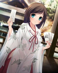 Rule 34 | 1girl, animal print, aocchi, bird print, blue eyes, breasts, brown hair, day, japanese clothes, kimono, looking at viewer, medium breasts, nontraditional miko, official art, outdoors, peropero saimin, smile, solo, standing, talisman, white kimono