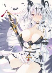 Rule 34 | 1girl, azur lane, black feathers, black gloves, black wings, breasts, breasts apart, center opening, commentary request, feathers, fingerless gloves, gloves, hair ornament, hair over one eye, highres, holding, holding sword, holding weapon, joffre (azur lane), large breasts, marker (medium), purplepencil, red eyes, sword, thighhighs, traditional media, weapon, white hair, white thighhighs, wings