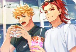 Rule 34 | 2boys, black shirt, blonde hair, burger, closed mouth, cup, dated, day, drinking straw, eyewear on head, food, granblue fantasy, green eyes, holding, holding cup, holding food, incoming food, male focus, multiple boys, open mouth, outdoors, percival (granblue fantasy), red eyes, red hair, satoimo sanda, shirt, short hair, smile, sunglasses, undercut, upper body, vane (granblue fantasy), white shirt