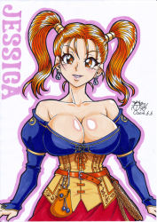 Rule 34 | 1girl, breasts, brown eyes, cleavage, dragon quest, dragon quest heroes, dragon quest heroes ii, dragon quest viii, dress, earrings, gengoro akemori, jessica albert, jewelry, large breasts, long hair, red hair, solo, square enix, twintails