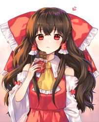Rule 34 | 1girl, ascot, bad id, bad pixiv id, bare shoulders, blush, bow, brown hair, candy, cheunes, chocolate, chocolate bar, closed mouth, collared shirt, commentary, detached sleeves, food, frilled bow, frills, hair bow, hair tubes, hakurei reimu, hand up, heart, highres, holding, holding food, long hair, long sleeves, looking at viewer, red bow, red eyes, red skirt, red vest, shirt, skirt, skirt set, solo, standing, touhou, upper body, valentine, vest, wide sleeves, yellow ascot