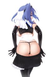 Rule 34 | 1girl, ass, backboob, black gloves, black panties, black skirt, black thighhighs, blue eyes, blue hair, breasts, chain, chain headband, clothes pull, commentary, elbow gloves, english commentary, from behind, gloves, greatodoggo, head chain, highres, hololive, hololive english, jewelry, large breasts, leaning forward, looking at viewer, looking back, medium hair, ouro kronii, panties, pulled by self, simple background, skirt, skirt pull, solo, standing, thighhighs, thong, underwear, virtual youtuber, white background