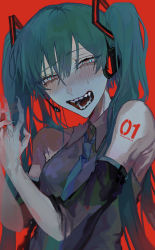 Rule 34 | 1girl, bare shoulders, blue eyes, blue hair, blush, breasts, detached sleeves, hair ornament, hatsune miku, highres, kuroume (aihikarikuroume24), long hair, looking at viewer, necktie, open mouth, red background, shirt, simple background, sleeveless, solo, teeth, twintails, very long hair, vocaloid