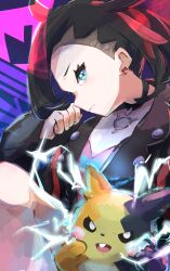 Rule 34 | 1girl, aqua eyes, black choker, black hair, black jacket, choker, clenched hand, closed mouth, commentary request, creatures (company), dress, earrings, electricity, eyelashes, frown, game freak, gen 8 pokemon, green eyes, hair ribbon, hand up, highres, jacket, jewelry, maato tac, marnie (pokemon), morpeko, morpeko (full), nintendo, open clothes, open jacket, pink dress, pokemon, pokemon (creature), pokemon swsh, ribbon, strap