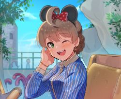 Rule 34 | 1girl, ;d, ahoge, amusement park, animal ears, black hairband, blue shirt, blue skirt, blush, bow, bracelet, braid, breasts, brown hair, collared shirt, commentary request, day, earrings, fake animal ears, from side, green eyes, hair bow, hairband, hand up, idolmaster, idolmaster million live!, jewelry, kamille (vcx68), lens flare, looking at viewer, looking to the side, medium breasts, mickey mouse ears, mouse ears, one eye closed, open mouth, outdoors, polka dot, polka dot bow, red bow, round teeth, sakuramori kaori, shirt, short hair, silhouette, skirt, smile, solo focus, striped clothes, striped shirt, teeth, upper body, upper teeth only, vertical-striped clothes, vertical-striped shirt, water drop, wet, wet clothes, wet hair, wet shirt, wing collar